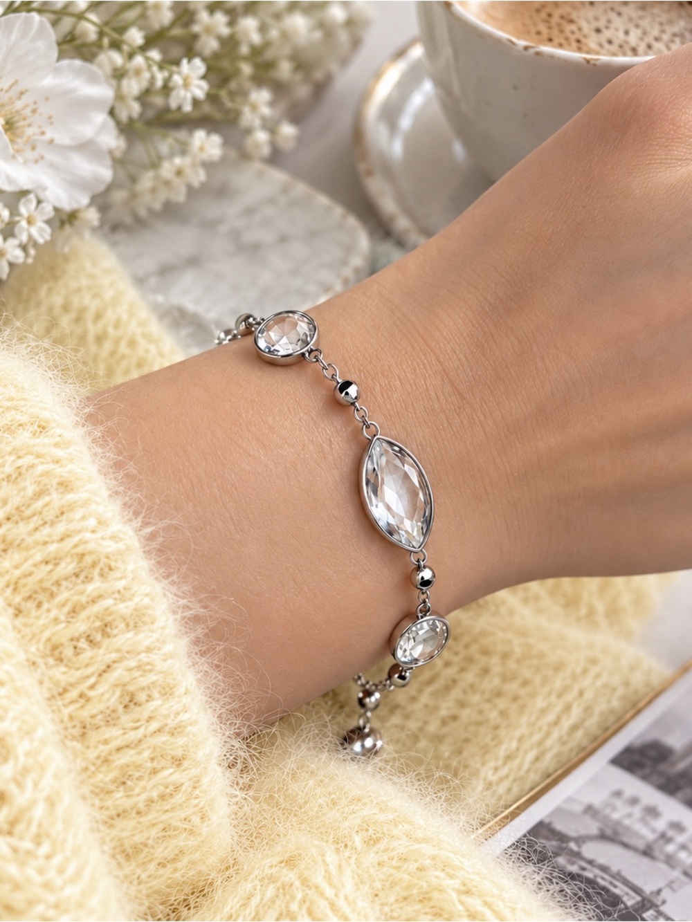 Silver Tone Crystal Bracelet Large Clear Stones Elegant Jewelry